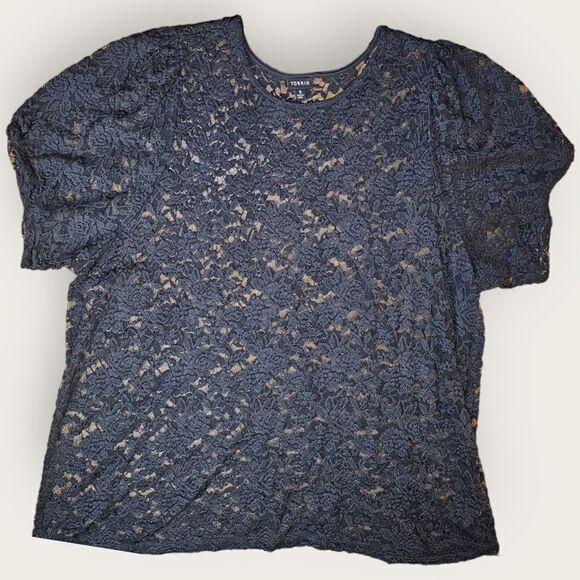 🌼4/$30 Torrid Sheer Lace Crew Neck Puff Sleeve Black Top - Picture 2 of 9